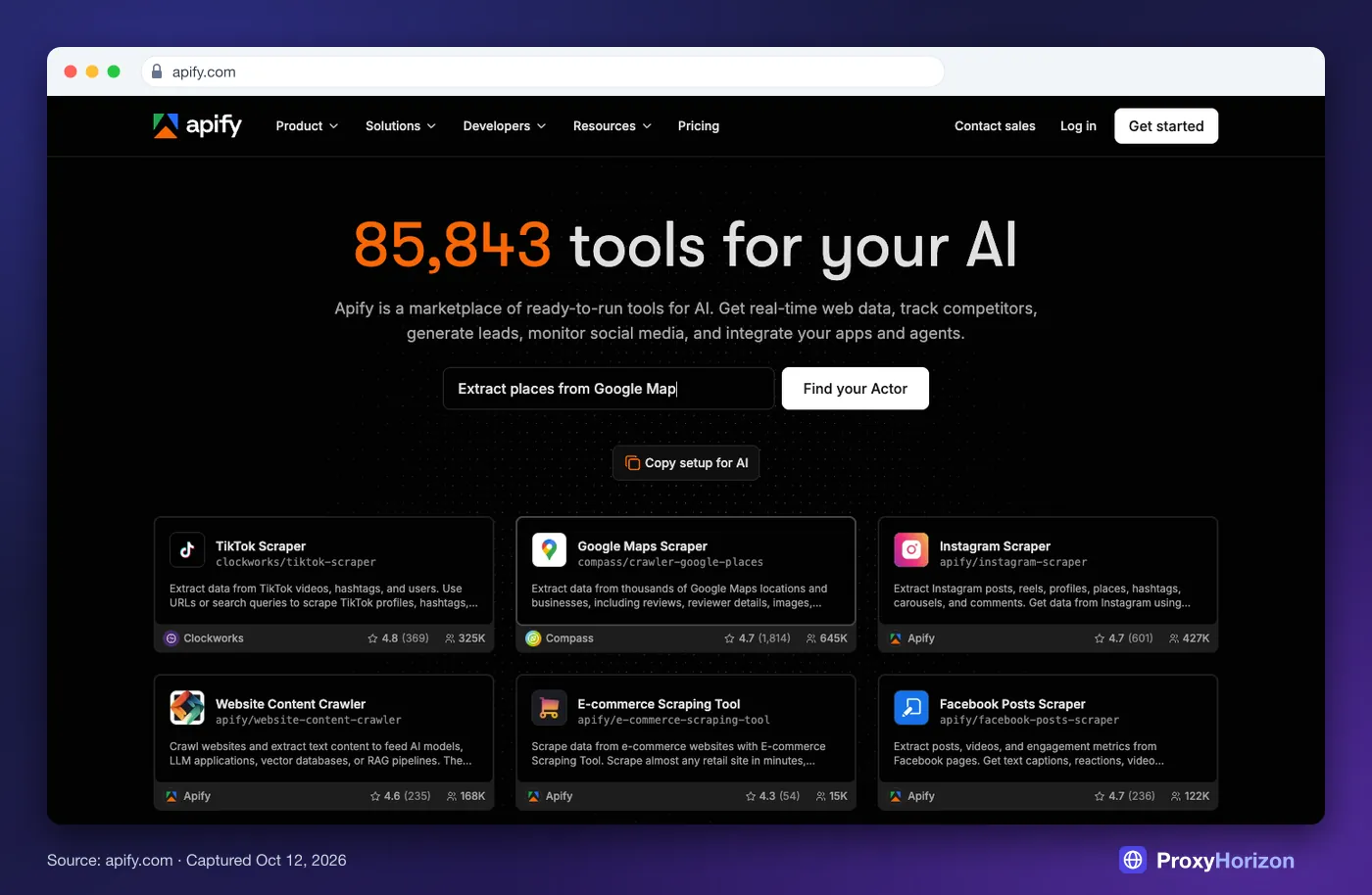 Apify homepage hero: “tools for your AI” headline, an Actor search box and cards for TikTok, Instagram and Facebook scrapers