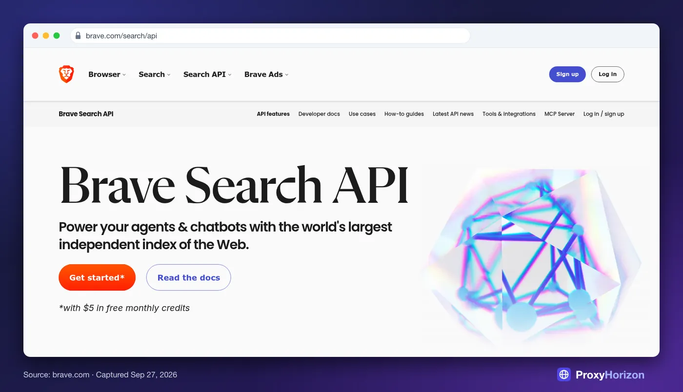 Brave Search API page hero: power your agents and chatbots with the world’s largest independent index of the Web