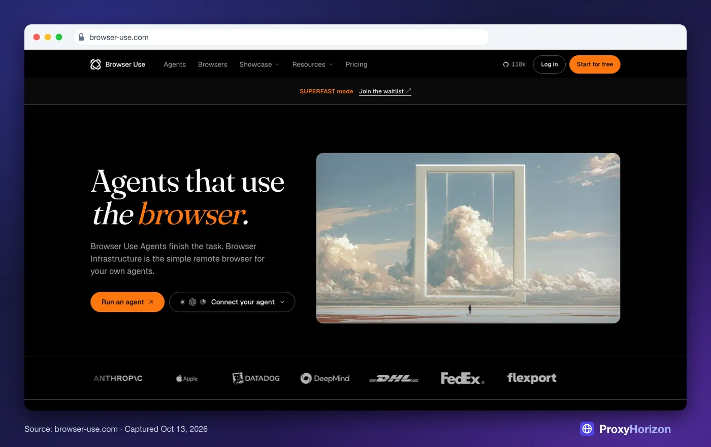 Browser Use homepage hero: “Agents that use the browser.” with Run an agent and Connect your agent buttons