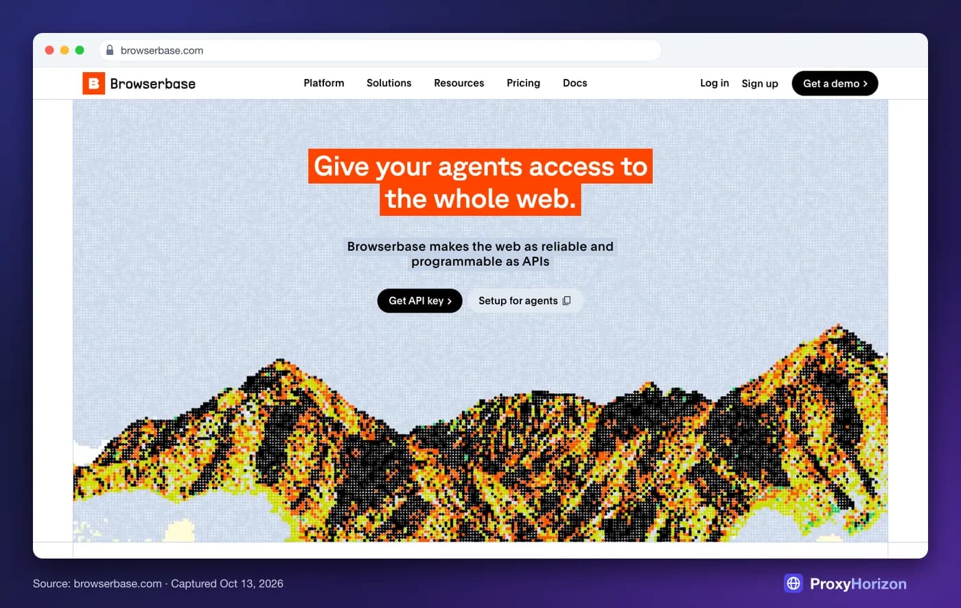 Browserbase homepage hero: “Give your agents access to the whole web.” with Get API key and Setup for agents buttons
