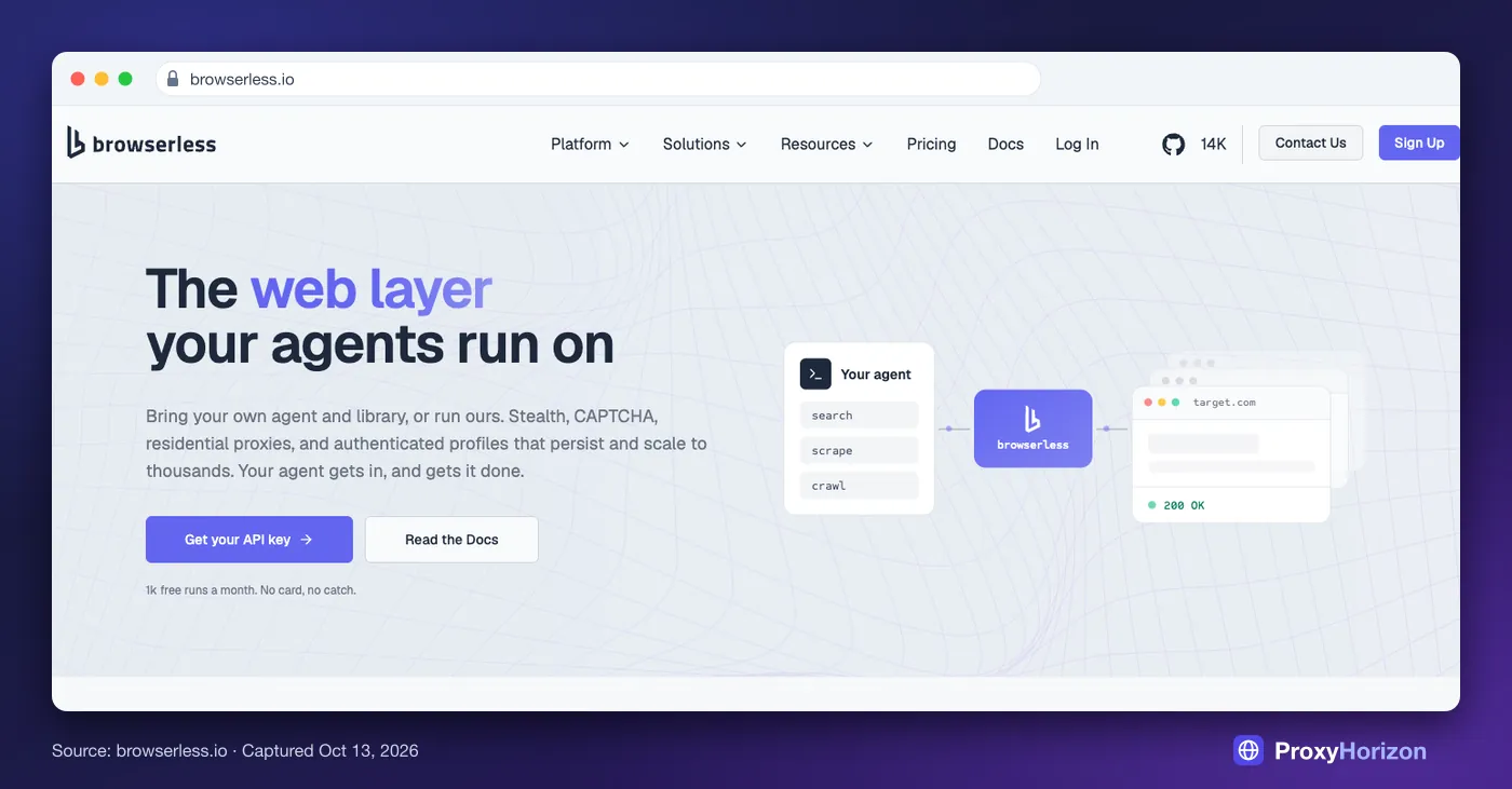 Browserless homepage hero: “The web layer your agents run on”, with a Get your API key button and an agent-to-browser diagram
