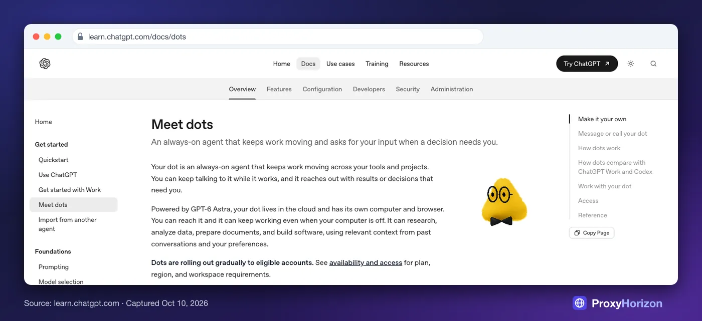 OpenAI’s Meet dots docs page: an always-on agent that keeps work moving and asks for your input when a decision needs you