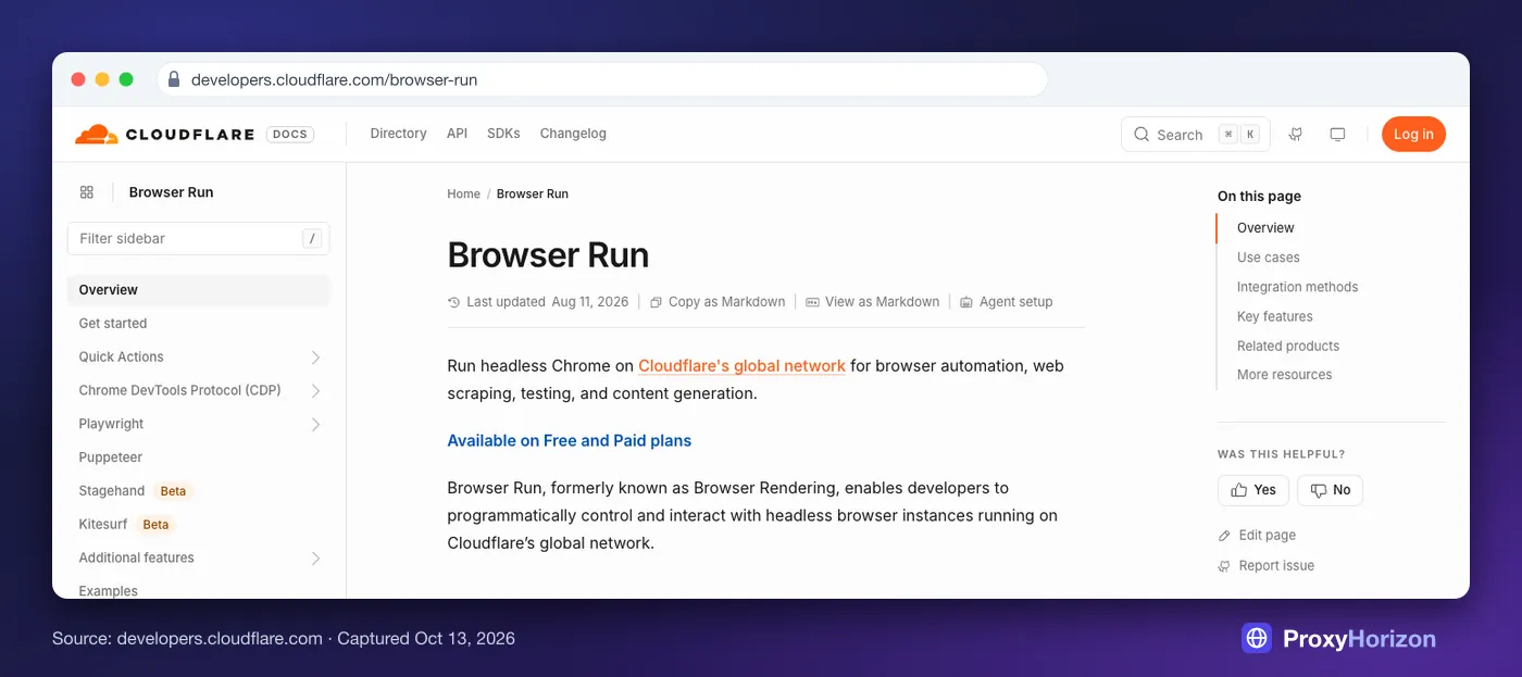 Cloudflare Browser Run docs page: run headless Chrome on Cloudflare’s global network for automation, scraping and testing