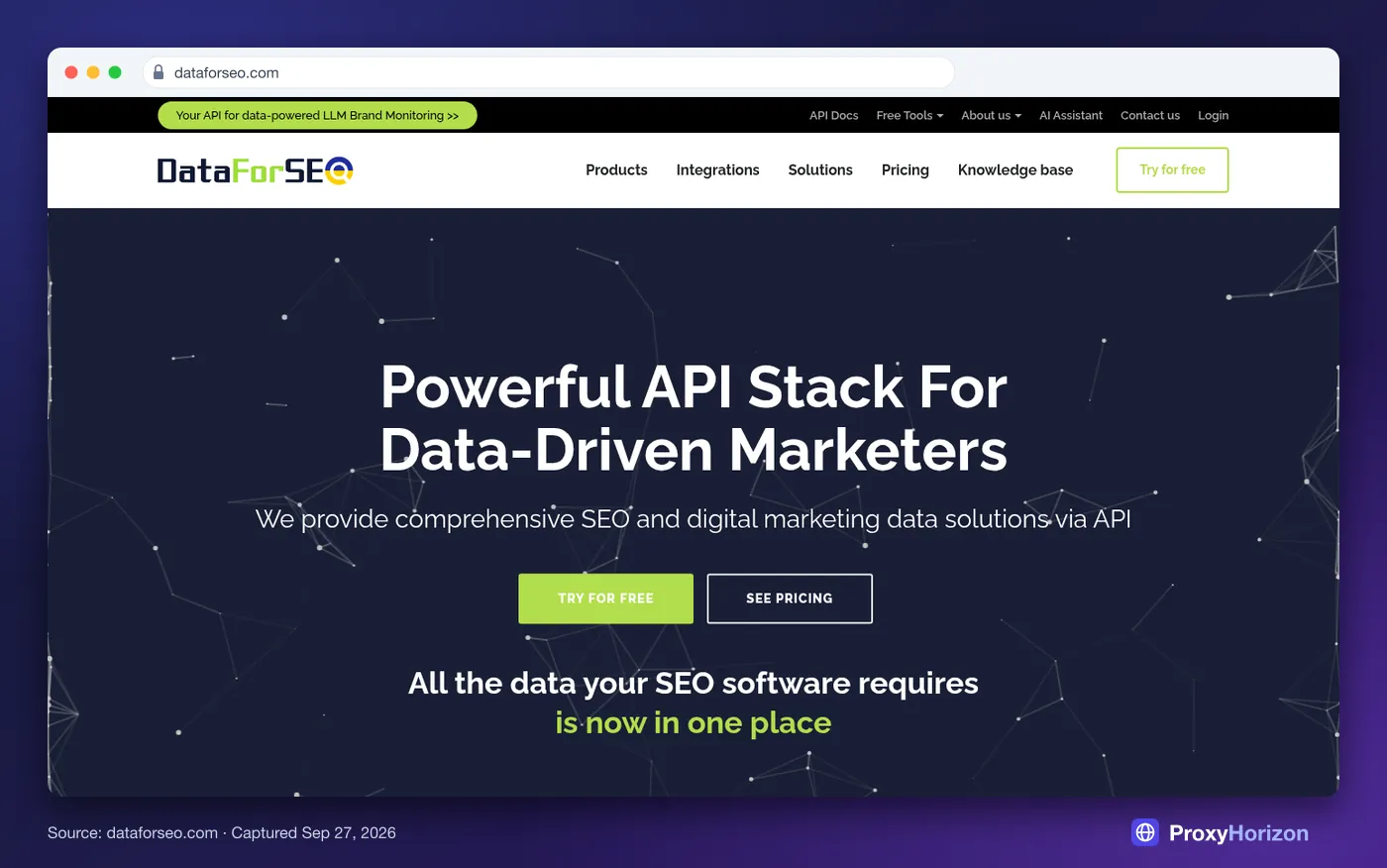 DataForSEO homepage hero: Powerful API Stack for Data-Driven Marketers, with Try for Free and See Pricing buttons