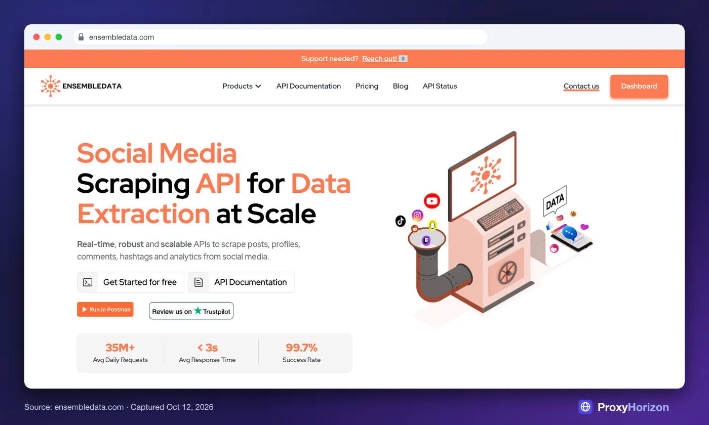 EnsembleData homepage hero: “Social Media Scraping API for Data Extraction at Scale” with Get Started for free and docs buttons