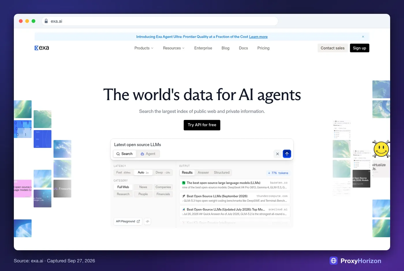 Exa homepage hero: The world’s data for AI agents, with a search and agent demo listing ranked web results