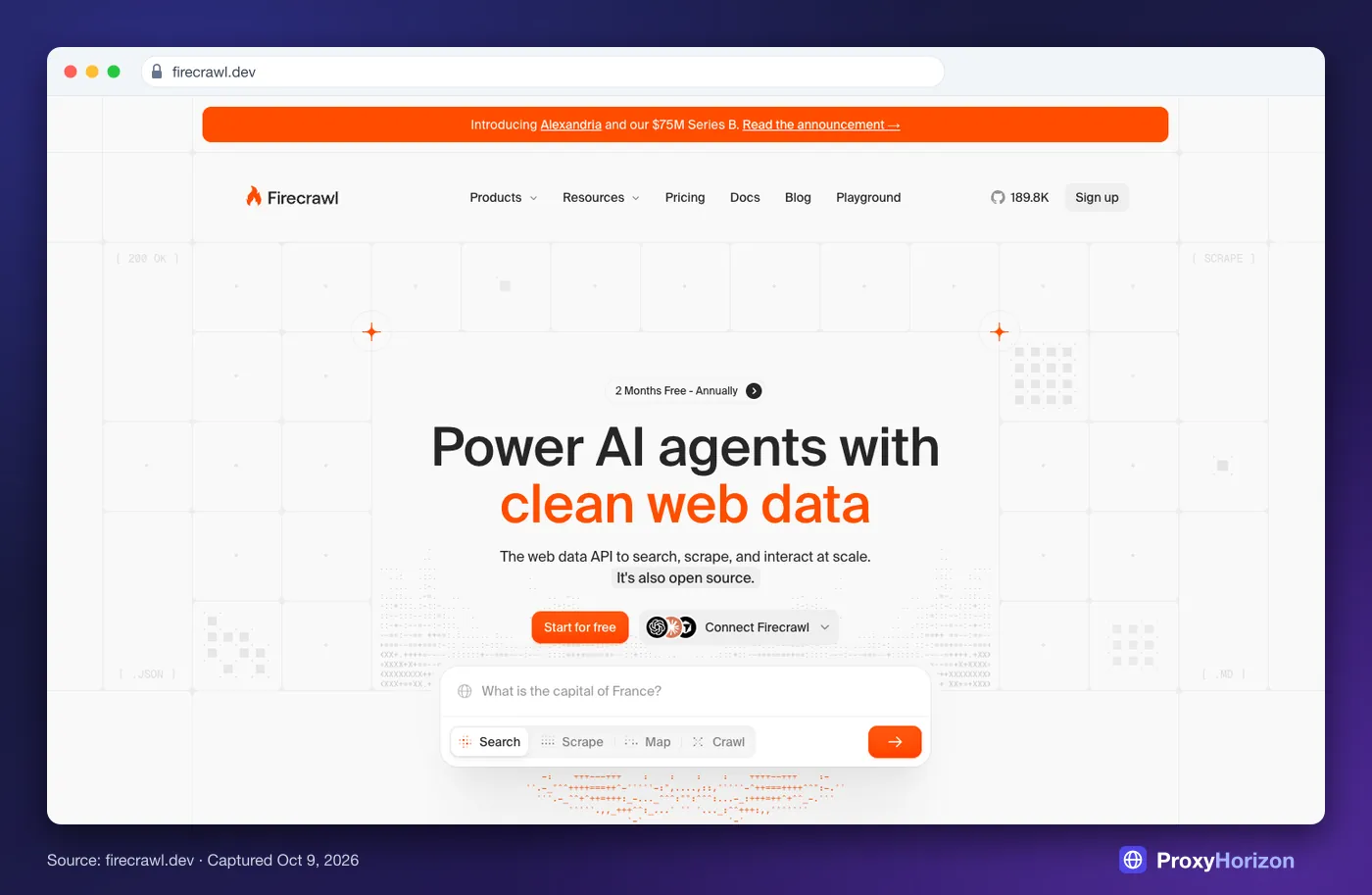 Firecrawl homepage hero: “Power AI agents with clean web data”, with a Start for free button and Search, Scrape, Map and Crawl tabs