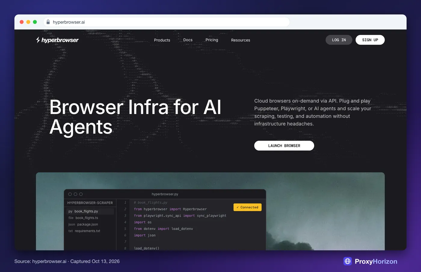 Hyperbrowser homepage hero: “Browser Infra for AI Agents” with a Launch Browser button above a Python code window