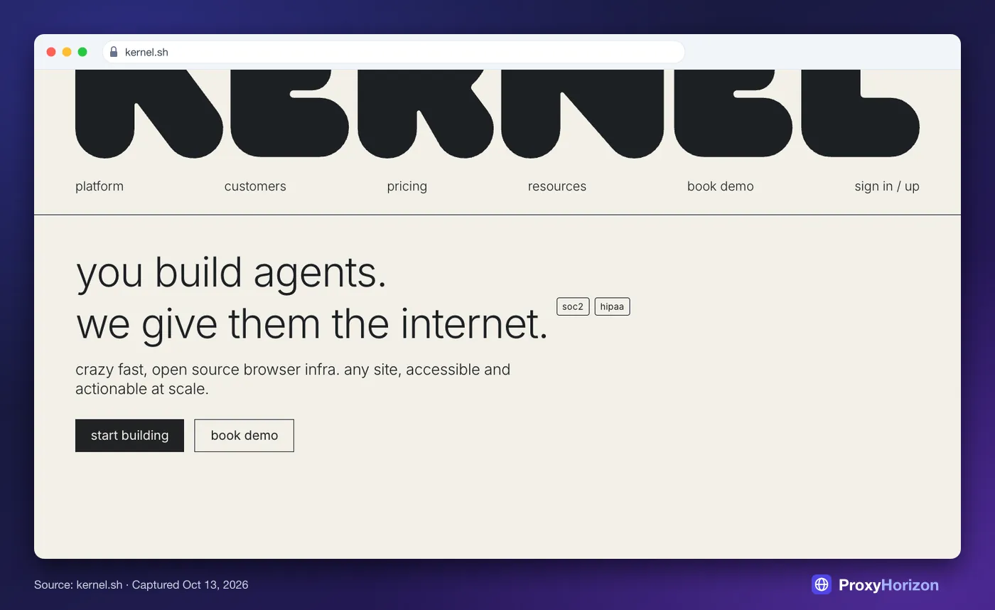 Kernel homepage hero: “you build agents. we give them the internet.” with Start building and Book demo buttons