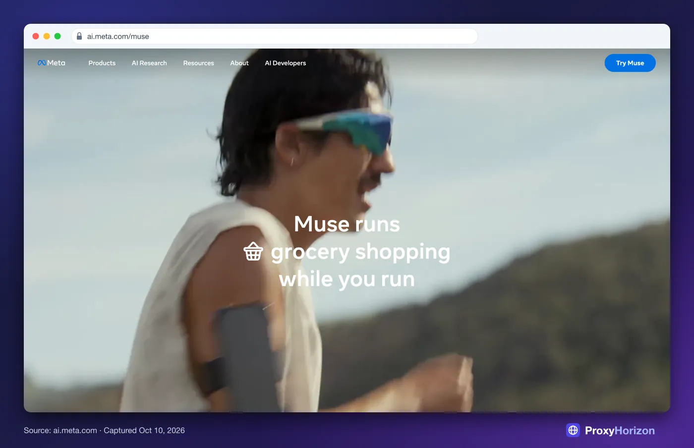 Meta’s Muse landing page hero reading “Muse runs grocery shopping while you run”, with a Try Muse button