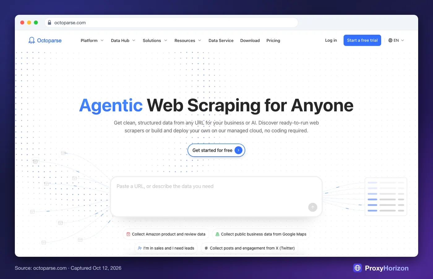 Octoparse homepage hero: “Agentic Web Scraping for Anyone” with a prompt box and example tasks such as collecting posts from X