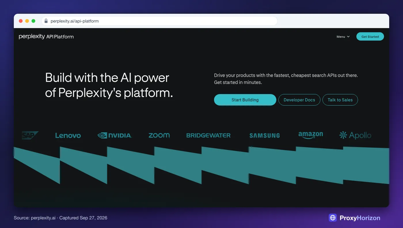 Perplexity API Platform page hero: Build with the AI power of Perplexity’s platform, with Start Building and docs links