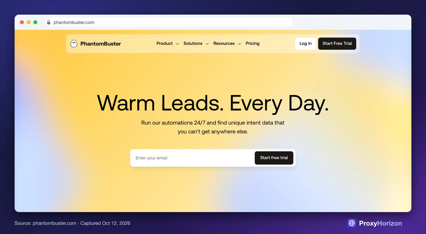 PhantomBuster homepage hero: “Warm Leads. Every Day.” with an email field and a Start free trial button