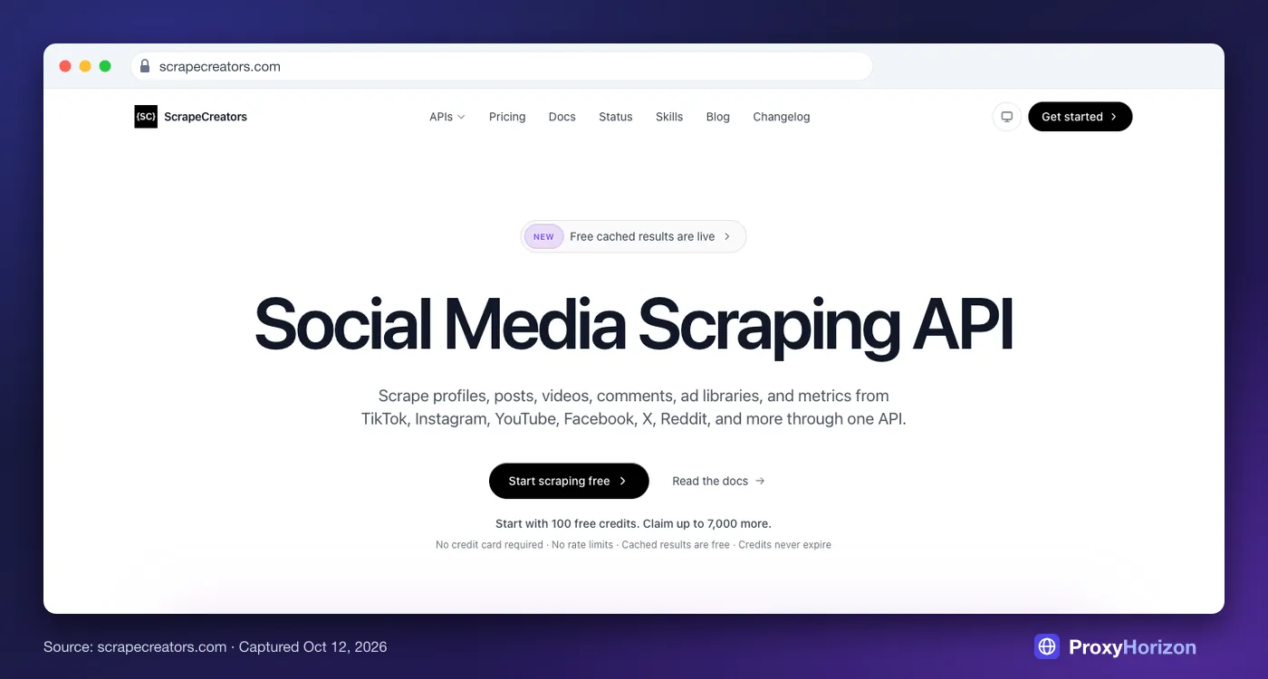 ScrapeCreators homepage hero: “Social Media Scraping API” for TikTok, Instagram, YouTube, Facebook, X and Reddit, with 100 free credits