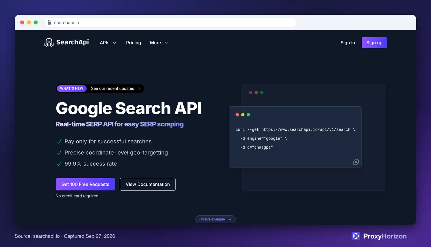 SearchApi homepage hero: Google Search API for real-time SERP scraping, with 100 free requests and a curl example