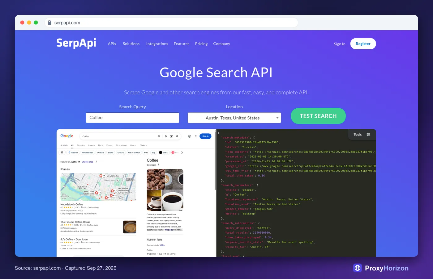 SerpApi homepage hero: Google Search API with a live search demo returning parsed Google results as JSON