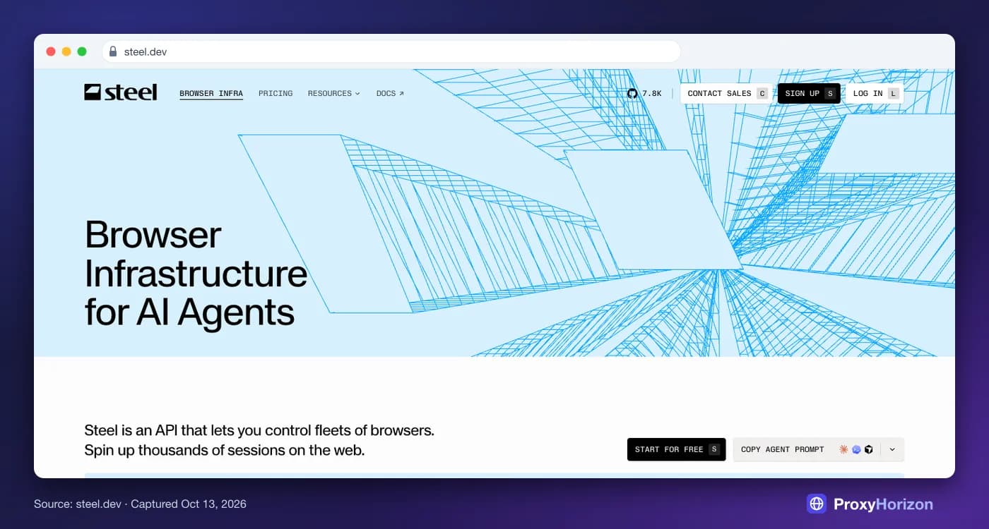 Steel homepage hero: “Browser Infrastructure for AI Agents” over a blue wireframe, with a Start for free button