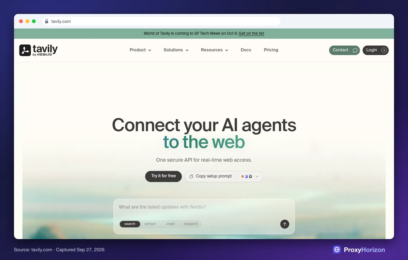 Tavily homepage hero: Connect your AI agents to the web, with a search box for real-time web access